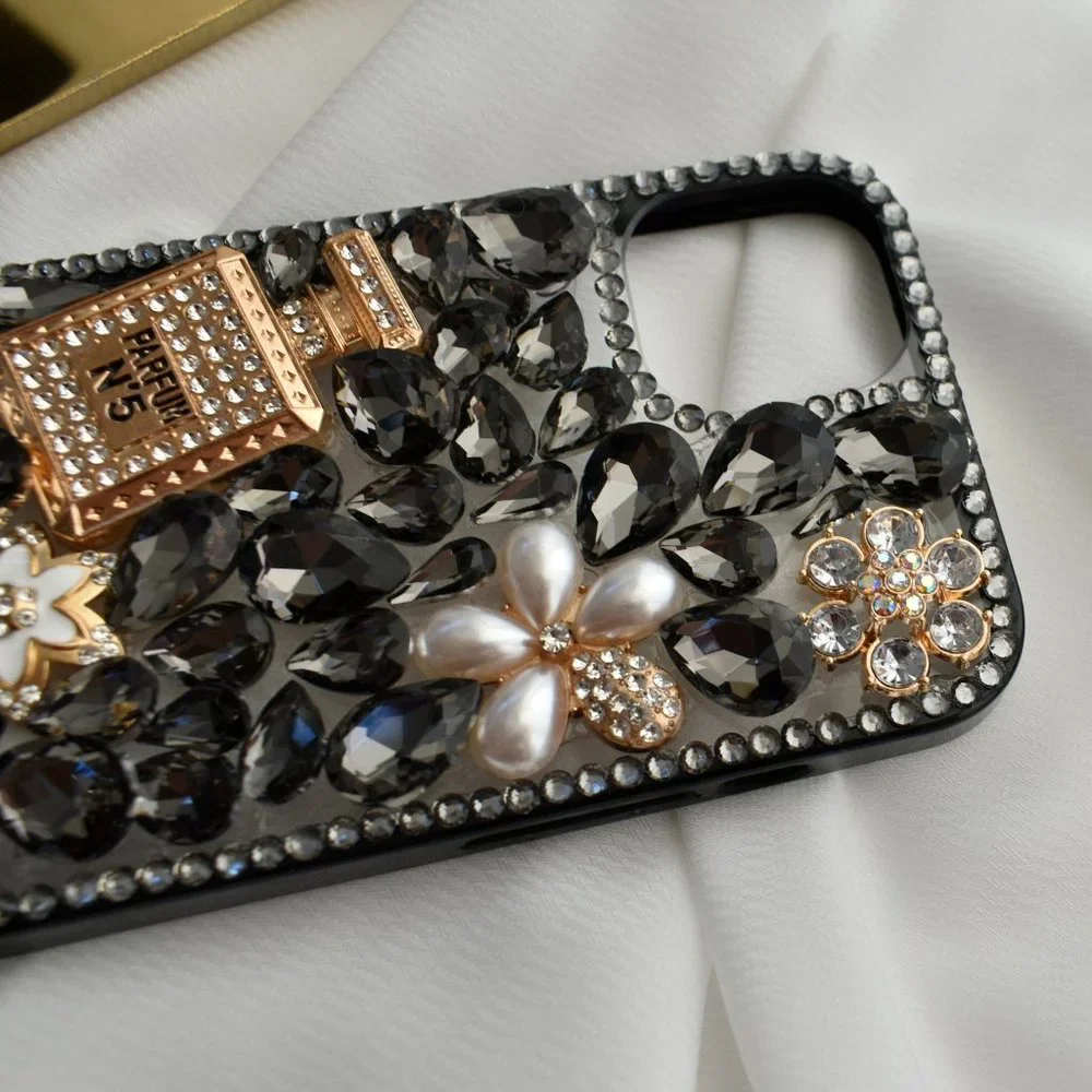 Diamond Encrusted Silicone Black iPhone case with Perfume bottle - iPhone 14/13